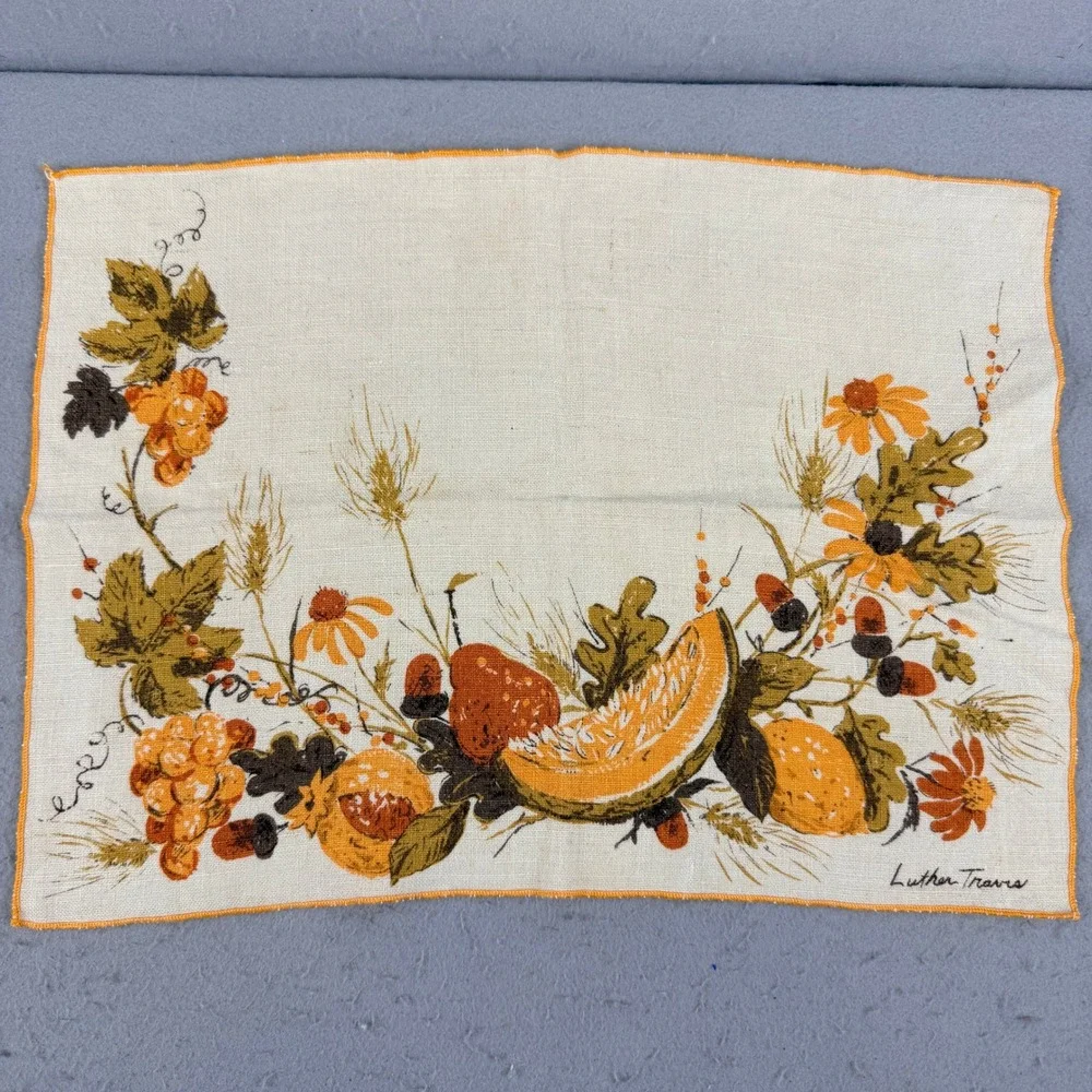 7pc Vtg Signed Luther Travis Fall Harvest Linen Set 4 Placemats‎ 3 Napkins Wheat